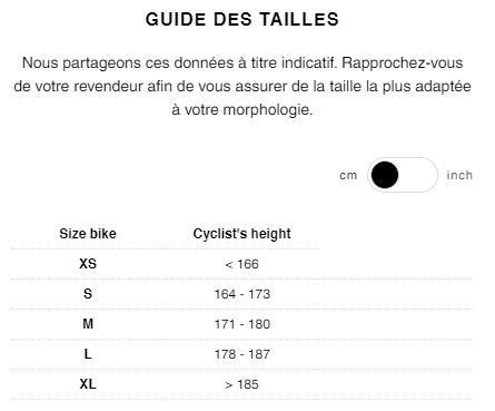 Guide des tailles Vélo Route LOOK 765 Optimum+ Noir Mat - Roues LOOK
