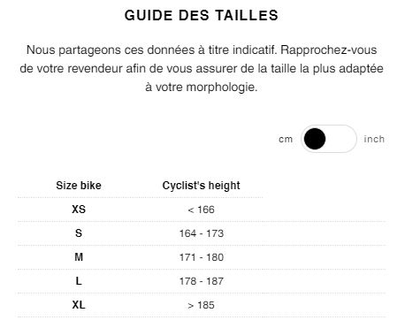 Guide des tailles Kit cadre carbone LOOK 785 Huez RS Disc Noir