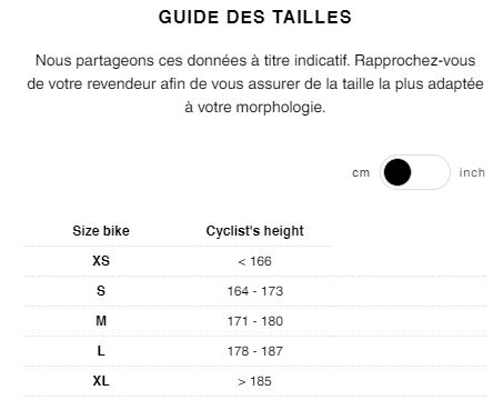 Guide des tailles Vélo Route LOOK 795 Blade RS Disc Chameleon
