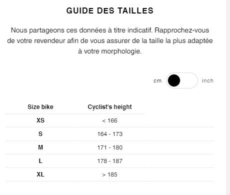 Guide des tailles Vélo Route électrique LOOK E-765 Proteam Noir