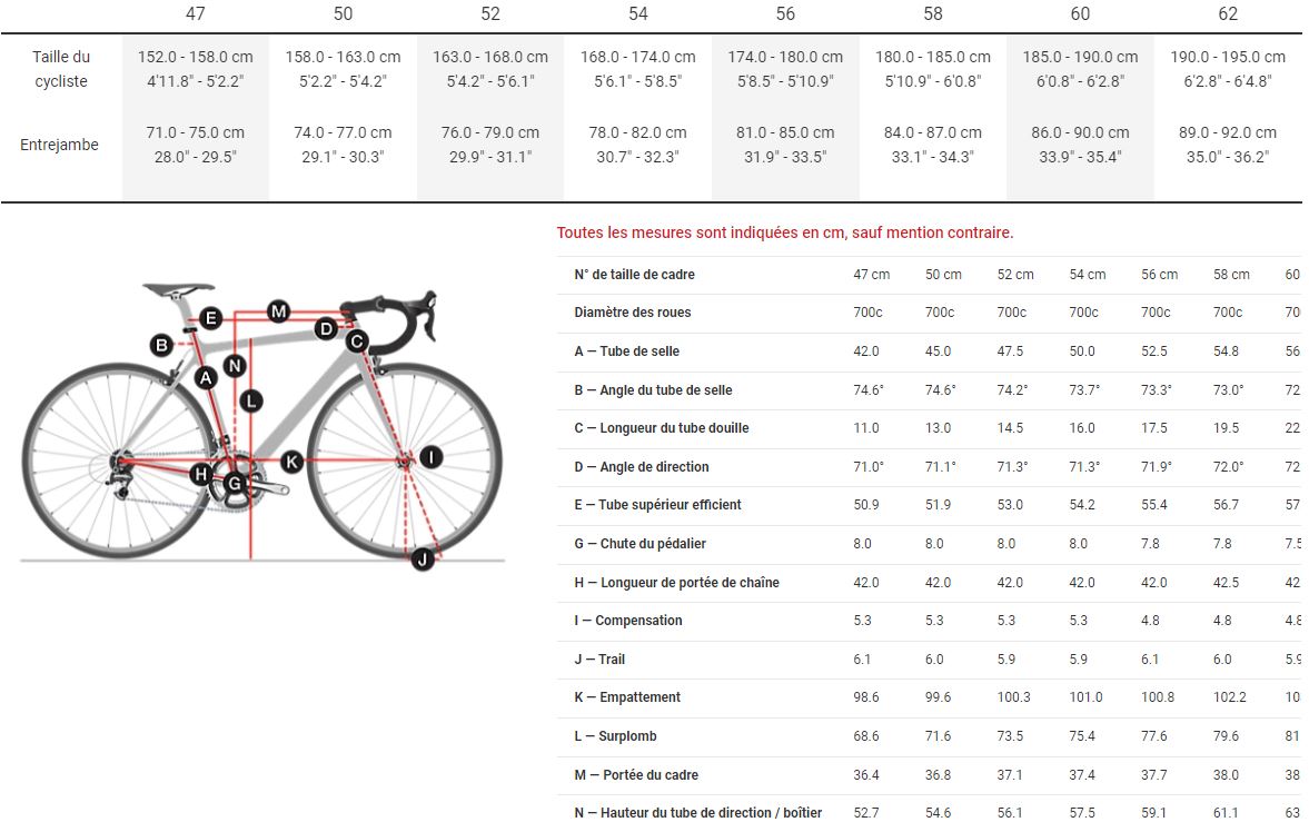 Table des tailles Vélo Route TREK Domane AL 2 Mulsanne